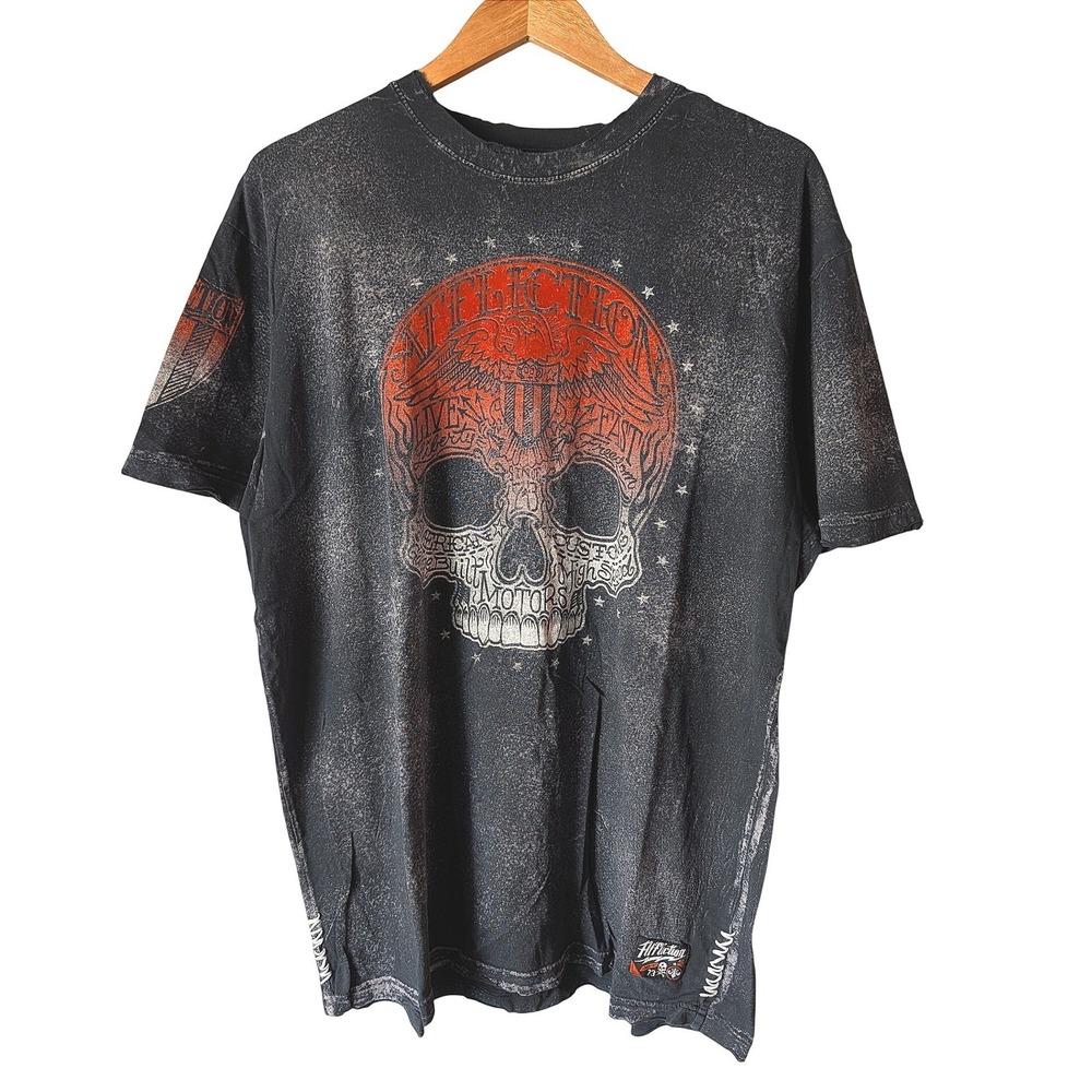 Affliction T Shirt Mens 2XL Black Orange Skull American Customs Made in USA Y2K
